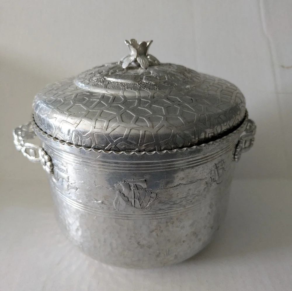 Vintage Hammered Aluminum Ice Bucket & Tong.Underside Of Lid Has Cocktail Recipe
